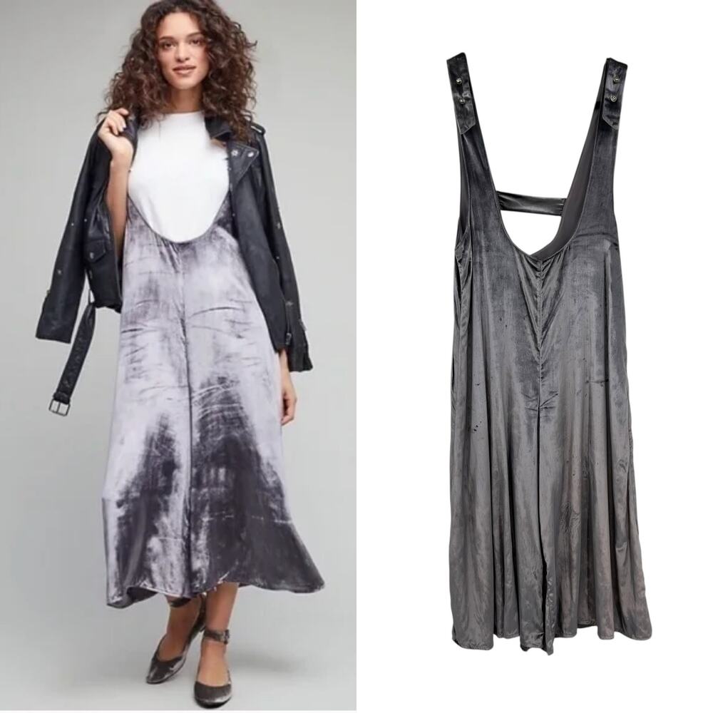Anthropologie Maeve Monique Jumpsuit Suspender Wide Leg Velvet Gray XXS‎ Petite